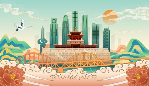 中国山东济南城市复古国风海报插画