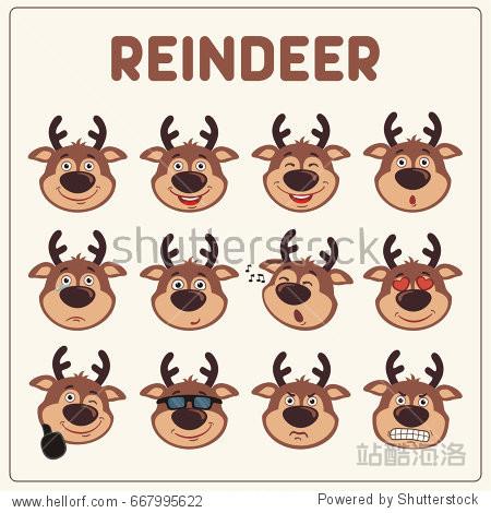 emoticons set face of reindeer in cartoon style.