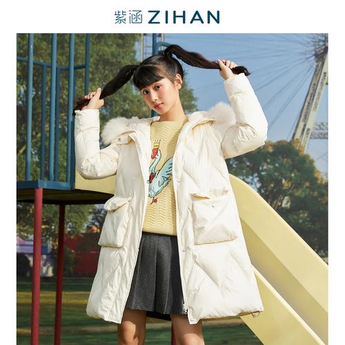 a摆长款紫涵2021年冬季大毛领纯色羽绒服少女花瓣压线新品游乐园