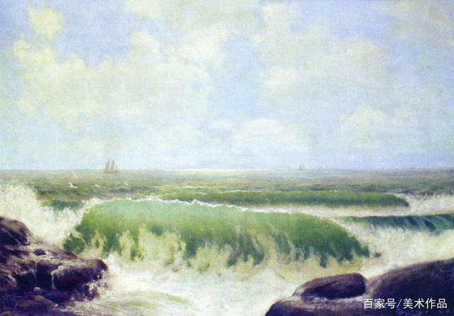 海景油画 美国画家_朱利安·昂德登克:海岸线,帆船