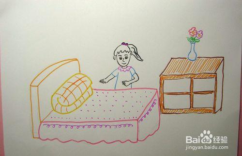 彩色简笔画叠被子的小女孩