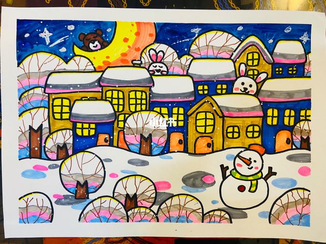 儿童画/雪乡/马克笔_马克笔_唇膏笔_素描_我的照片下雪啦_母婴_早教