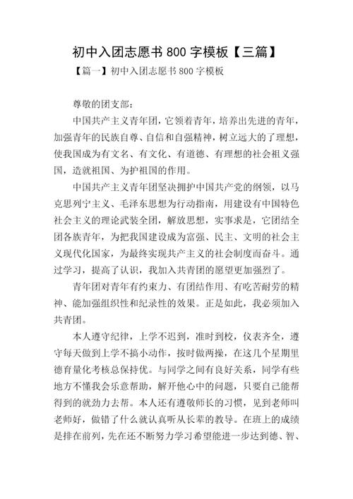 初中入团志愿书800字模板