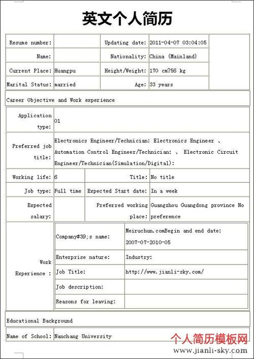 电子工程师英文简历表格_个人简历模板网
