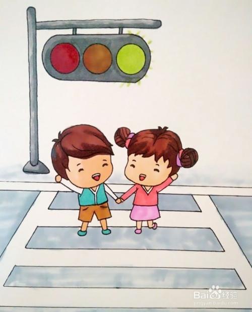 小朋友安全过马路简笔画
