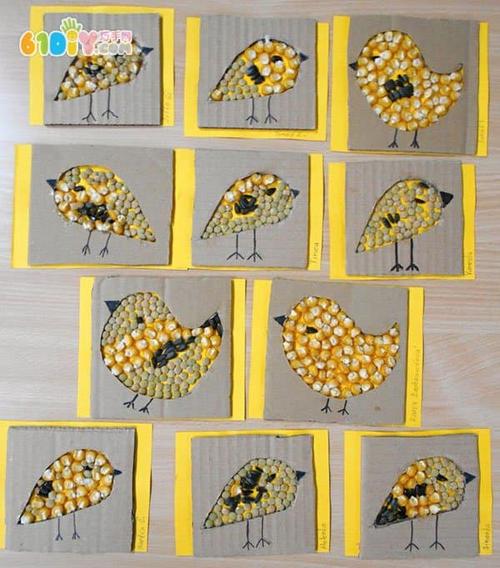创意手工制作 废纸板小鸟豆贴画