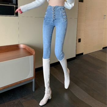 秋天冬天穿的女生超高腰弹力牛仔裤修身显瘦2021年蓝色紧身小脚裤百搭