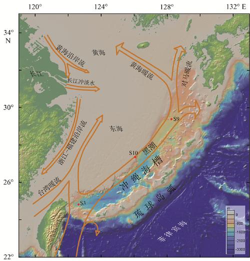 图 1          冲绳海槽s3,s10和s9岩心站位图(洋流模式据文献