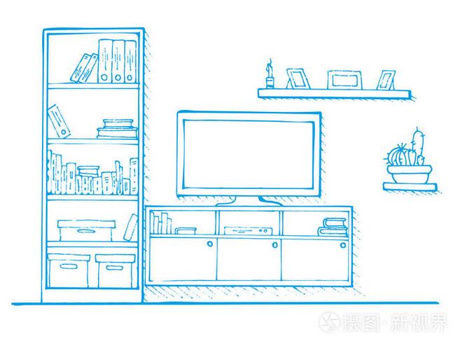 线性素描的内政.书架,书架和电视的梳妆台.矢量图