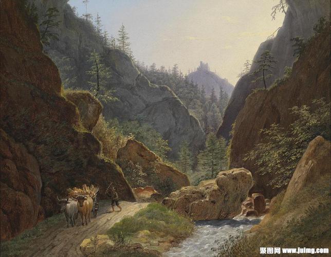 山间大山河流马车油画