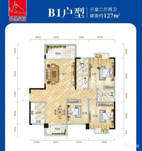 怀化锦绣家园b1户型户型图_首付金额_3室2厅2卫_127.0平米 - 吉屋网