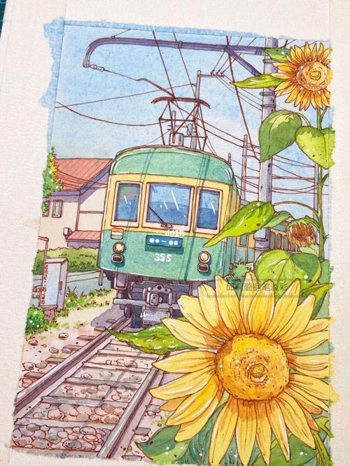 水彩 钢笔淡彩 开往春天的火车_水彩画_钢笔淡彩_火车