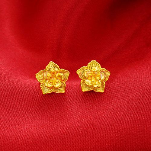 老凤祥同款au999新款时尚耳钉磨砂玫瑰花爱心转运珠耳环女款 乳白色