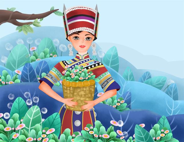 扁平民族风插画-彝族少女