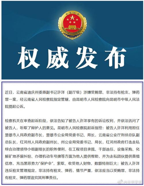 云南检察机关依法对许洋涉嫌受贿,非法持有枪支,弹药案提起公诉