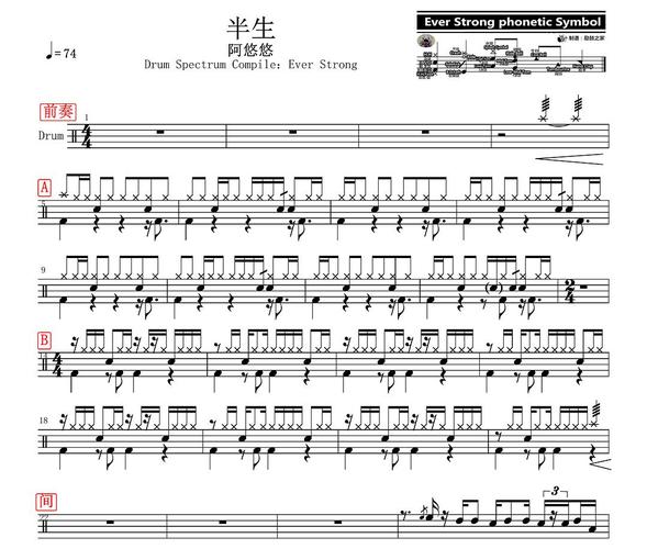 【椰壳鼓手】阿悠悠 半生 架子鼓鼓谱高清动态鼓谱