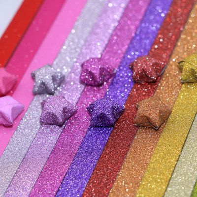 新品闪粉叠幸运星星折纸条 闪钻折许愿玻璃瓶五角星手工diy彩纸