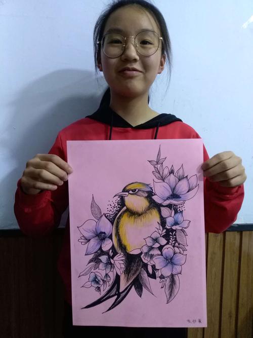 13-14 黑白画室 中级二班 题目:花鸟线描 指导老师:刘老师