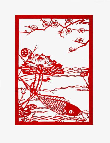最美剪纸荷花鲤鱼图片