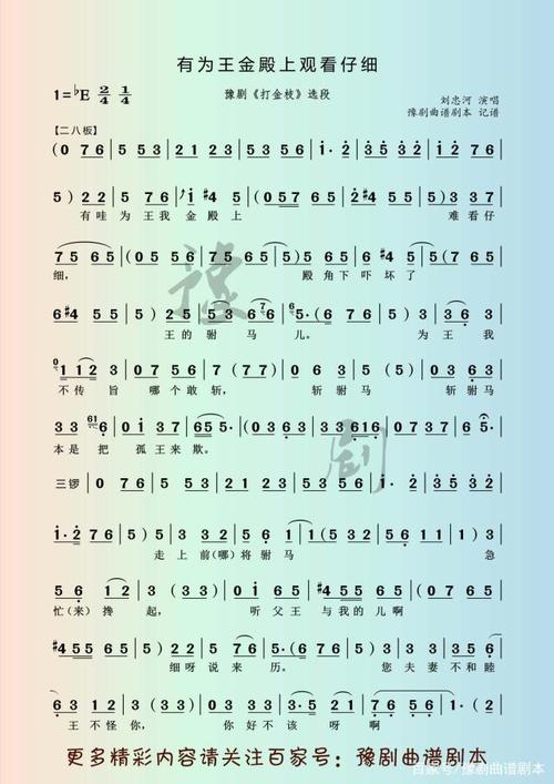 豫剧曲谱《打金枝》有为王金殿上观看仔细简谱,刘忠河