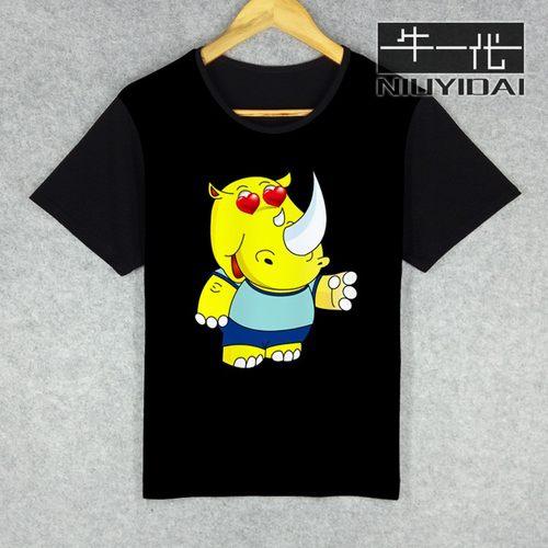潮牌时尚卡通犀牛图案男女短袖t恤青少年夏季动物印花黑色衣服装_7折