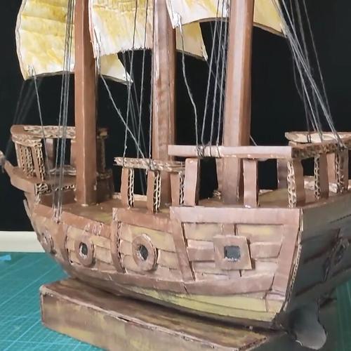 利用废纸盒废纸板制作海盗船小帆船