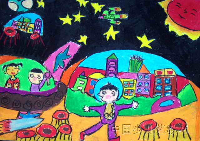 简笔画 儿童画 儿童油画棒画 >> 太空真好玩儿童画作品欣赏