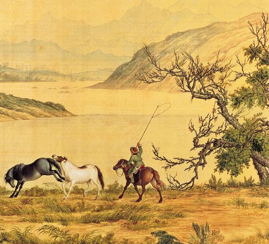 郎世宁国画百骏图左卷餐厅卧室壁画办公室客厅骏马图实木框装饰画