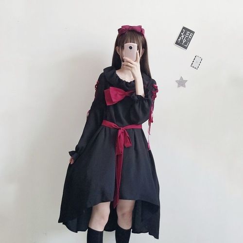 日系原宿歌特傀儡娃娃lolita暗黑少女蝴蝶结绑带连衣裙