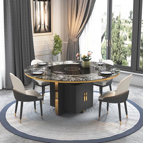 岩板圆形餐桌内嵌电动转盘意大利设计师别墅亮光餐桌