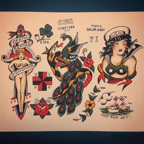 old school手稿孔雀女人纹身图案