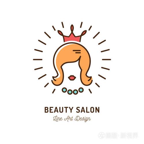 美容院图标皇后美容标志美发沙龙符号有王冠的女人的剪影薄线条艺术