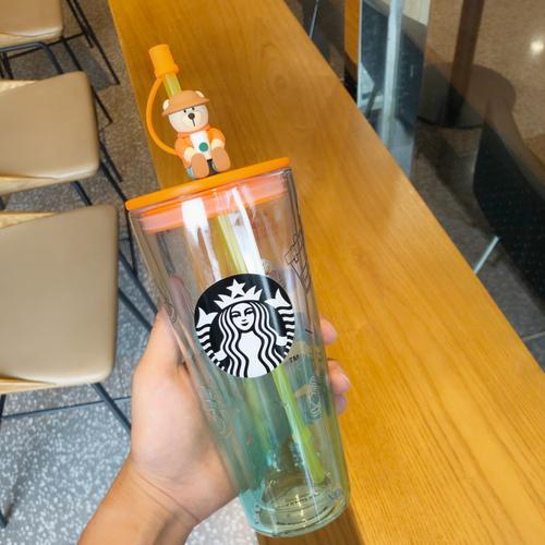 星巴克杯子2021夏季日新款野营小熊双层玻璃吸管杯零食搪瓷马克杯