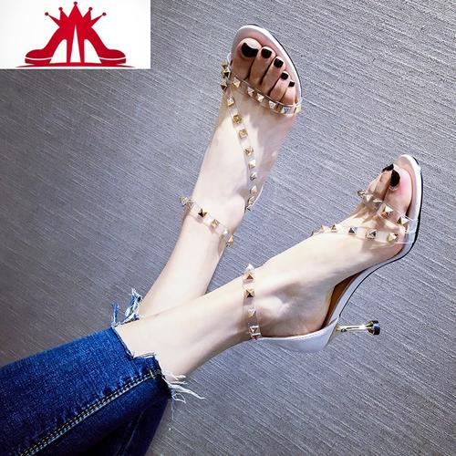 2020夏季新款凉鞋女仙女风一字扣带细跟铆钉高跟鞋性感透明柳丁鞋idea