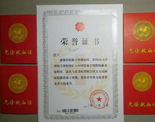 献血证和捐献造血干细胞血样荣誉证书