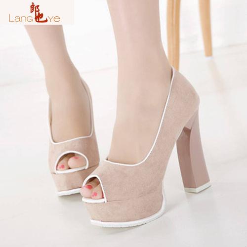 货到付款 郎也2014夏季新款甜美百搭时尚粗跟防水台鱼嘴鞋单鞋女鞋