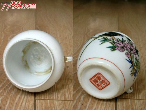 瓷器收藏161007-80年代景德镇薄胎白瓷彩绘花鸟鸟食缸罐单只6.