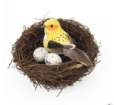 园艺 草编鸟窝仿真鸟巢藤编仿真羽毛小鸟手工艺品鸟蛋