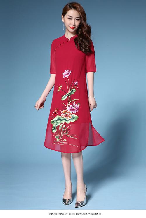 2019夏季新款婚宴婚礼中长款妈妈装刺绣花改良旗袍裙