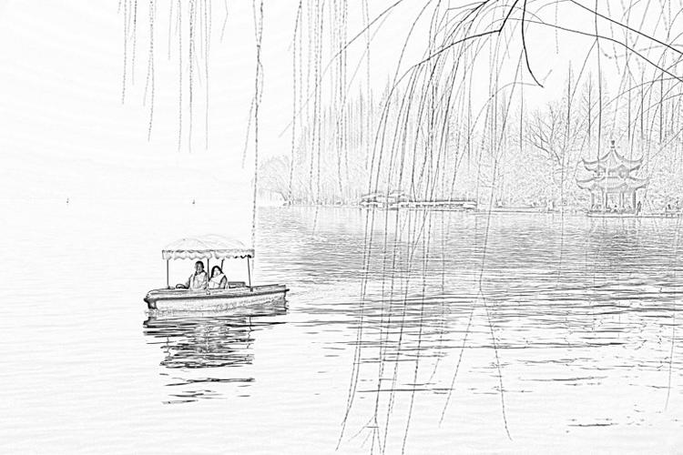 西湖风景素描图片