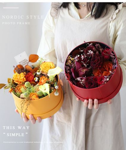 亿通布丁皮质圆盒鲜花插花包装礼盒新娘伴手礼盒子圆形抱抱桶花盒