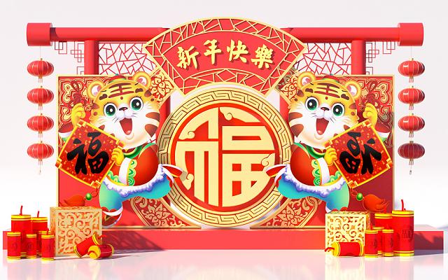 c4d红色2022新年虎年美陈新中式国潮背景新年虎年商场促销美陈设计