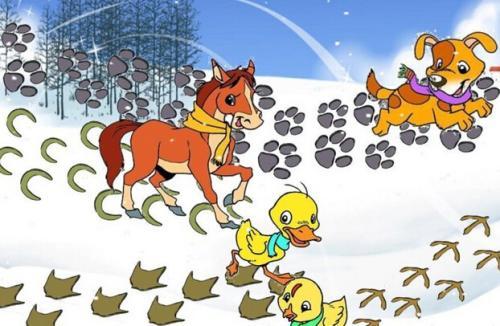 《雪地里小画家》 小鸡 小鸭 小狗和小马都在雪地里作画了,看到这样一