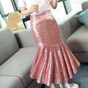 2019春夏新品时尚网红风粉色亮片中长款仙女显瘦鱼尾半身裙女潮