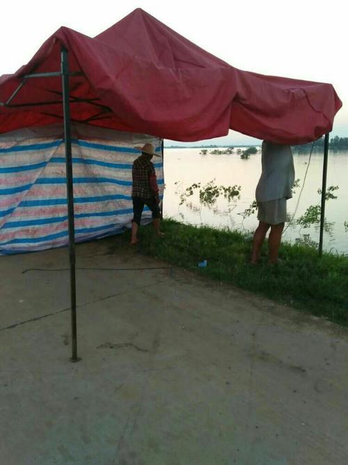 为了安置点能让给其他灾民落脚,大堤上搭棚子