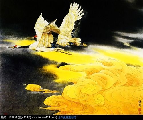 工笔画—黄色云彩和飞翔的仙鹤