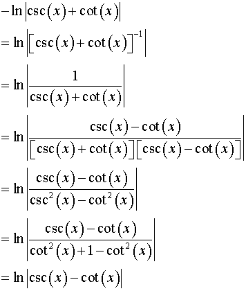 三角函数这个公式怎么得到的- ln|csc(x)   cot(x)| = ln|1/(csc(x)