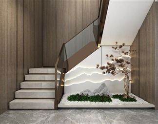 新中式楼梯间设计效果图3d模型下载