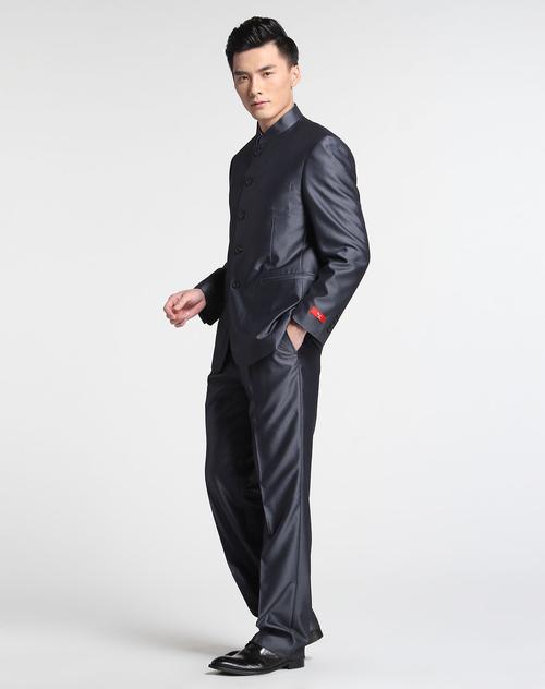 灰蓝色时尚立领长袖西服套装