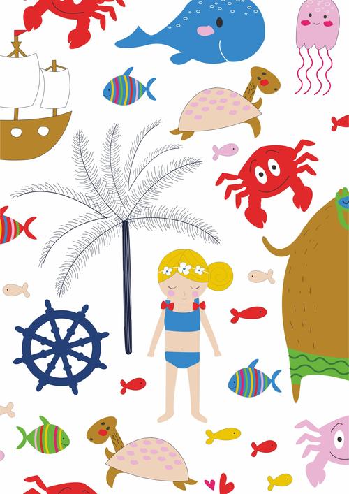 人物图案人物插画卡通图案卡通动物螃蟹鱼类章鱼乌龟印花矢量图